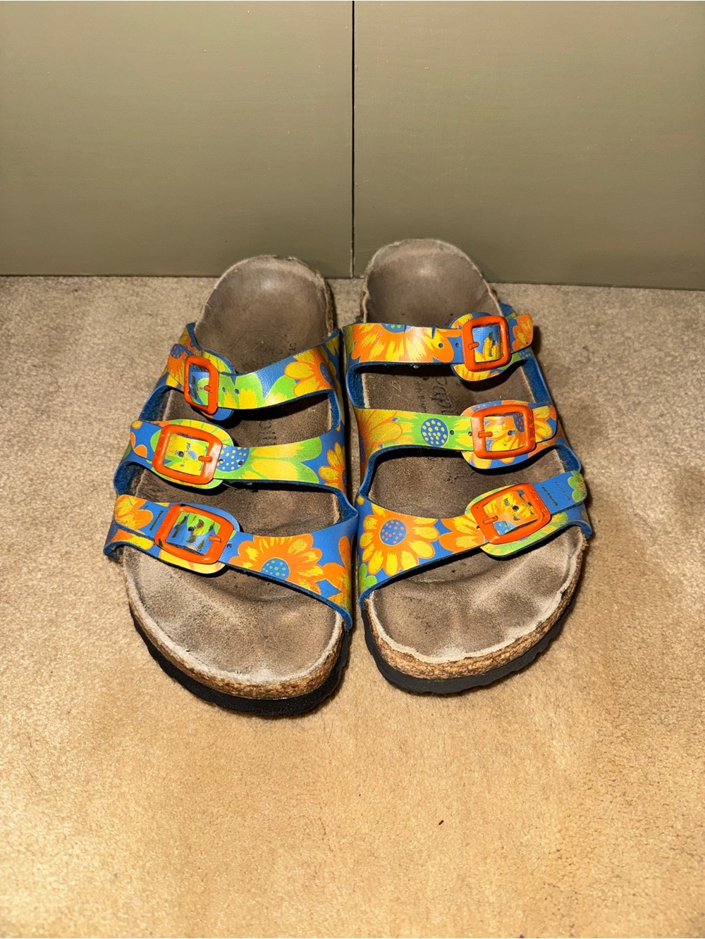 Birkenstock Women’s Floral Triple-Strap Sandals in Blue and Orange